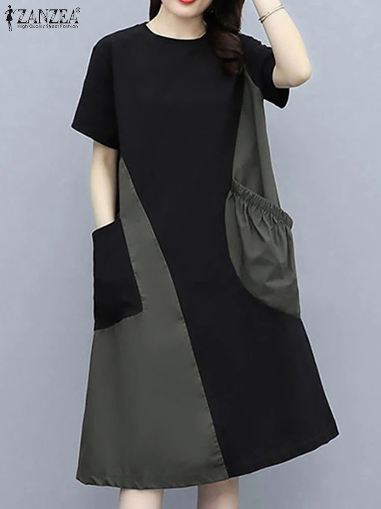 ZANZEA Korean Colorblock Patchwork Dress Women New Big Pocket Robe Summer Fashion Holiday Short Sleeve Mini Sundress Casual Robe