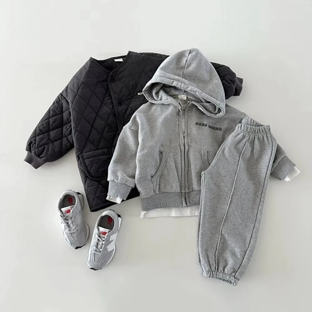 TZ23165 Autumn Winter New Korean Style Unisex Kids Hooded Zipper Long Sleeve Sweatshirt And Pants Two-Piece Set