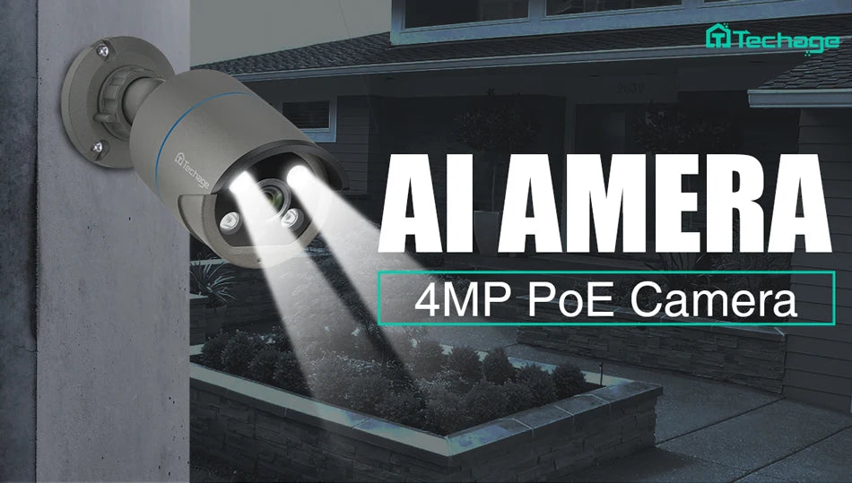 Techage HD 4MP AI POE IP Camera Two Way Audio IR Night Outdoor Waterproof CCTV Video Security Surveillance Camera For NVR Kit