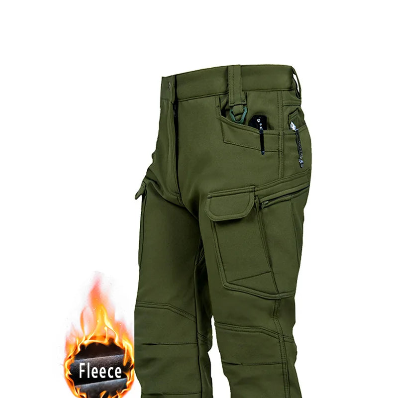 Fleece Lined Tactical Cargo Pants Men's Warm Thickened Outdoor Softshell Trousers Multi-Pocket Work Hiking Climbing Casual Wear