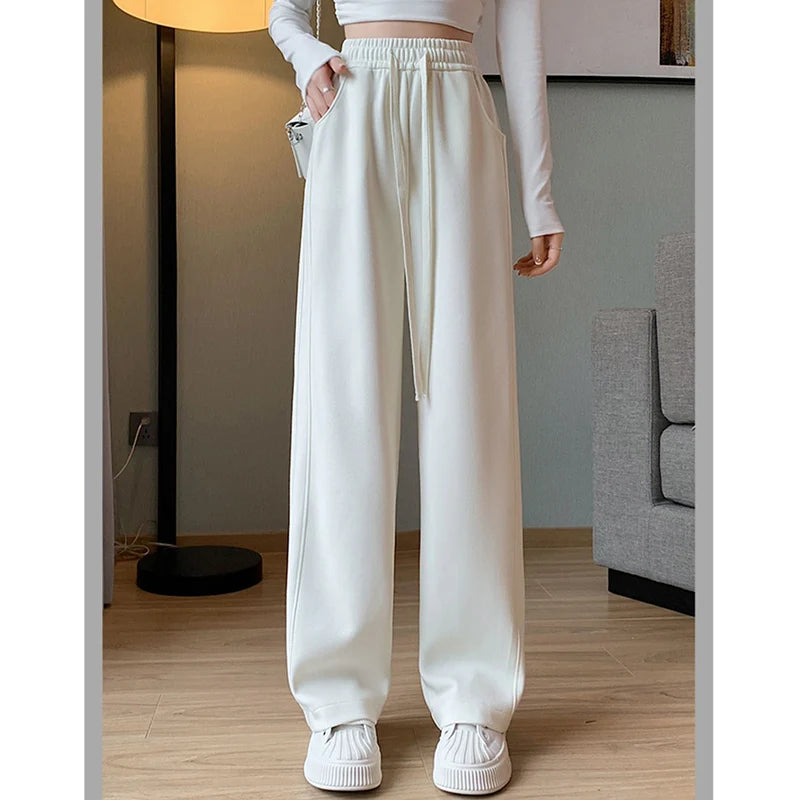 Lady Casual Daily High Waisted Sweatpants Women Drawstring Straight Leg Pants Girls Korean Slim Fit Thin Trousers