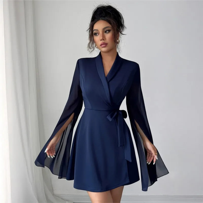 2025 Office Dress For Women Autumn Long Sleeve Formal Dress With Tied Waist Sexy V Neck Elegant Mini Dress Femme Korean Version