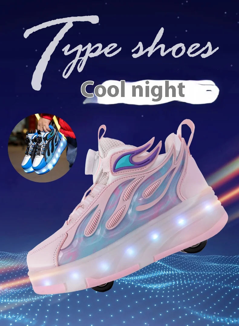 2025 New children's four-wheel novice light up rotary button automatic shrinkage fast walking shoes for boys sneakers