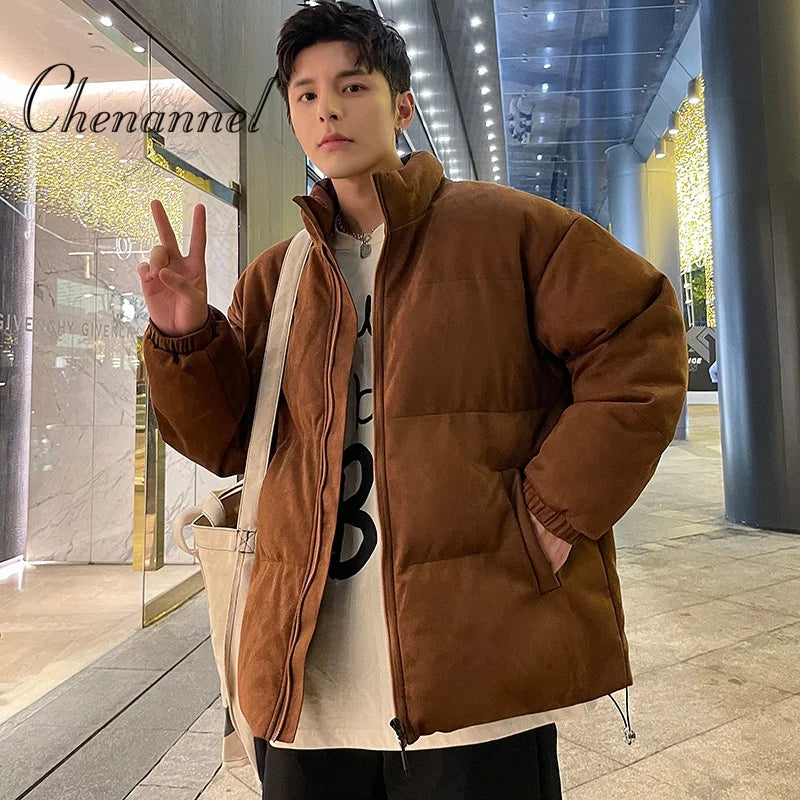 Men's Winter Loose Plus-sized Simple Stand-up Collar Cotton-padded Jacket Warm Thick Trendy Versatile Bottoms