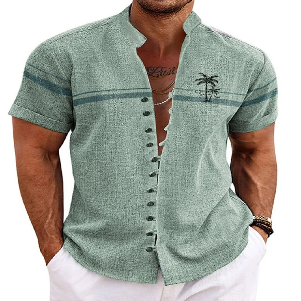 New men's linen short-sleeved shirt, with a fashionable retro style, ethnic motif printing, comfortable and breathable. Men's sh