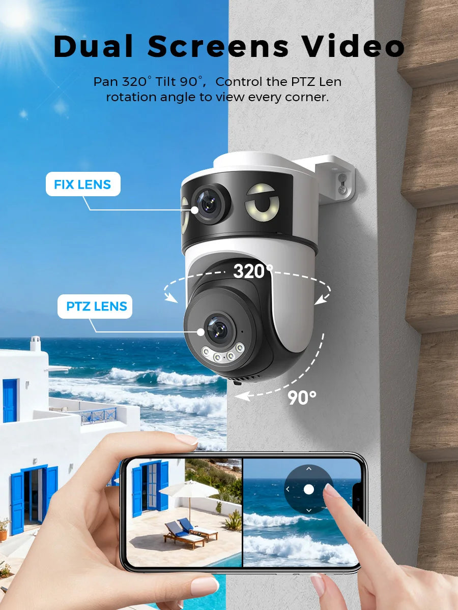 Outdoor 5K 10MP PTZ WiFi Camera Dual 2.4G+5Ghz Dual Lens 8MP 4K HD Dual Screen Auto Tracking Security Surveillance