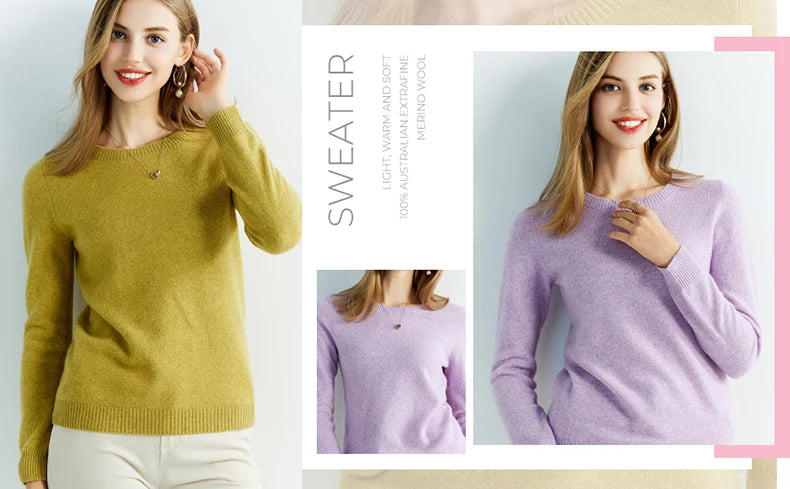 Knitwears Wool Sweaters 100% Merino Wool Knitted Cashmere Sweater Women Spring O-Neck Knit Pullovers Jumpers Clothing Top Female