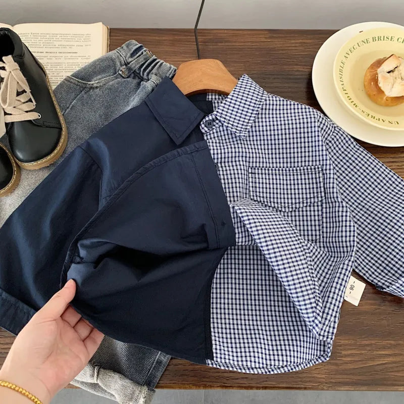 2025 Autumn Winter Cotton Boys Shirt Children Kid Long Sleeve SweatShirt Baby Turn-down Collar Patchwork 3-10 Years Toddler