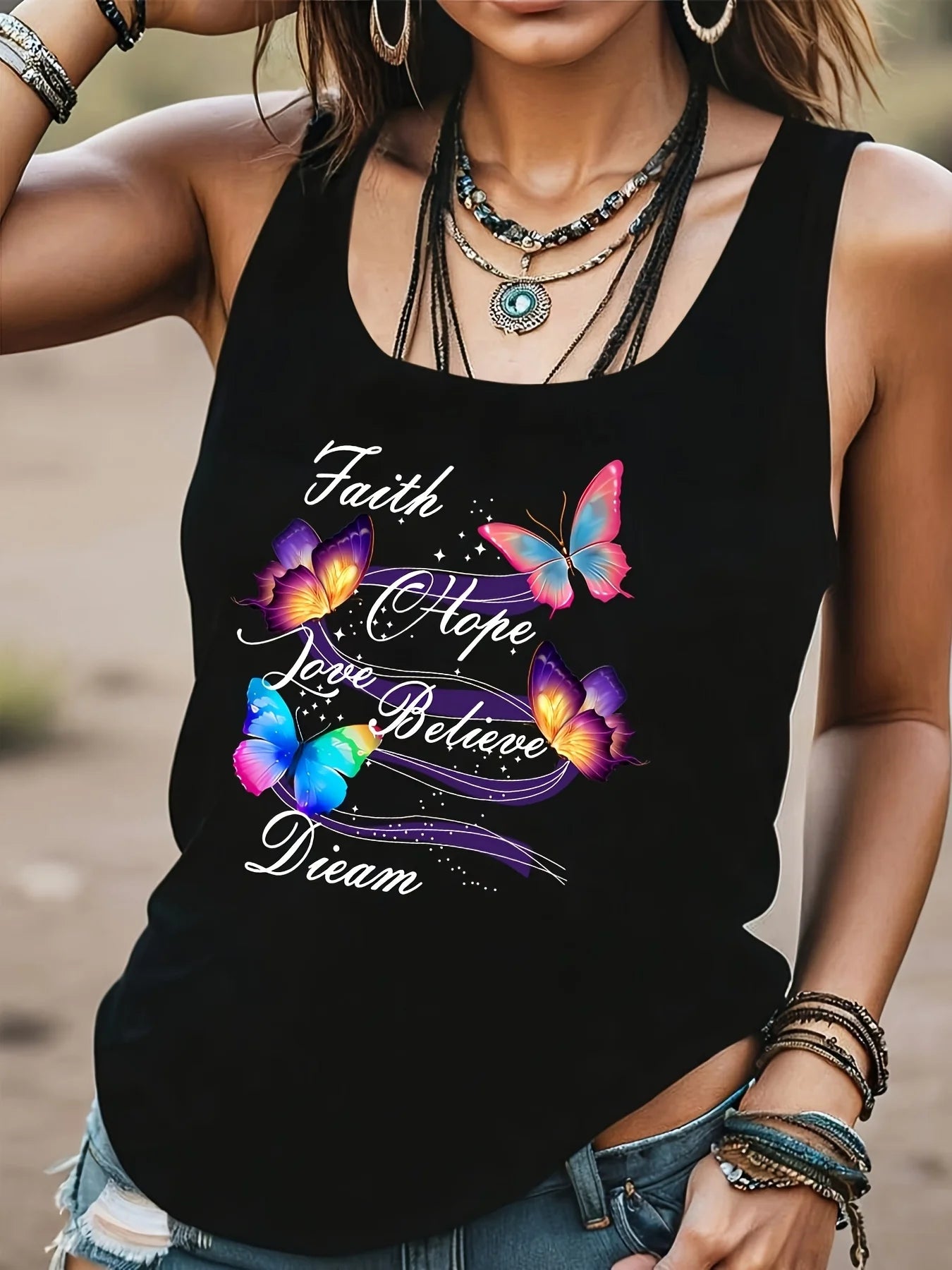 Loose plus size wing pattern printed round neck white vest summer casual sleeveless top women's clothing