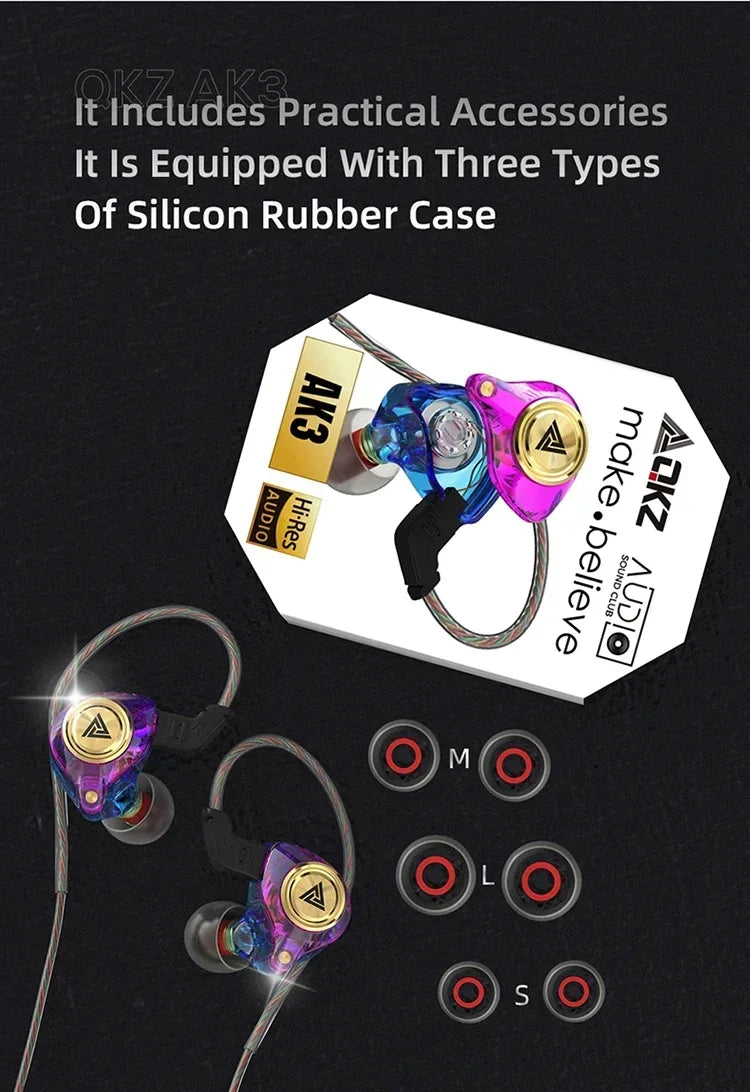 QKZ AK3 FiLe Wired Earphone Microphone HiFi Music Monitor Bass Headphones Noise Cancelling Headset for Sport  Gaming Accessories