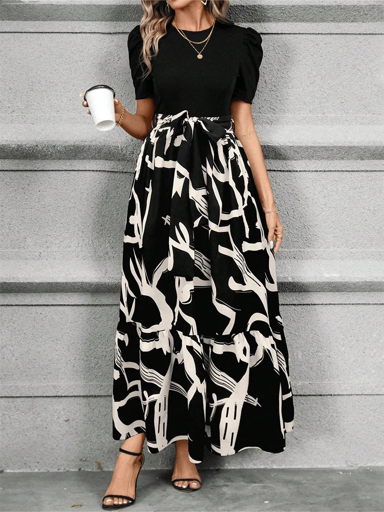 Elegant Floral Print Round Neck Long Dresses Women Short Sleeve High Waist Lace-up Office Lady Holiday Party Dresses Vestidos