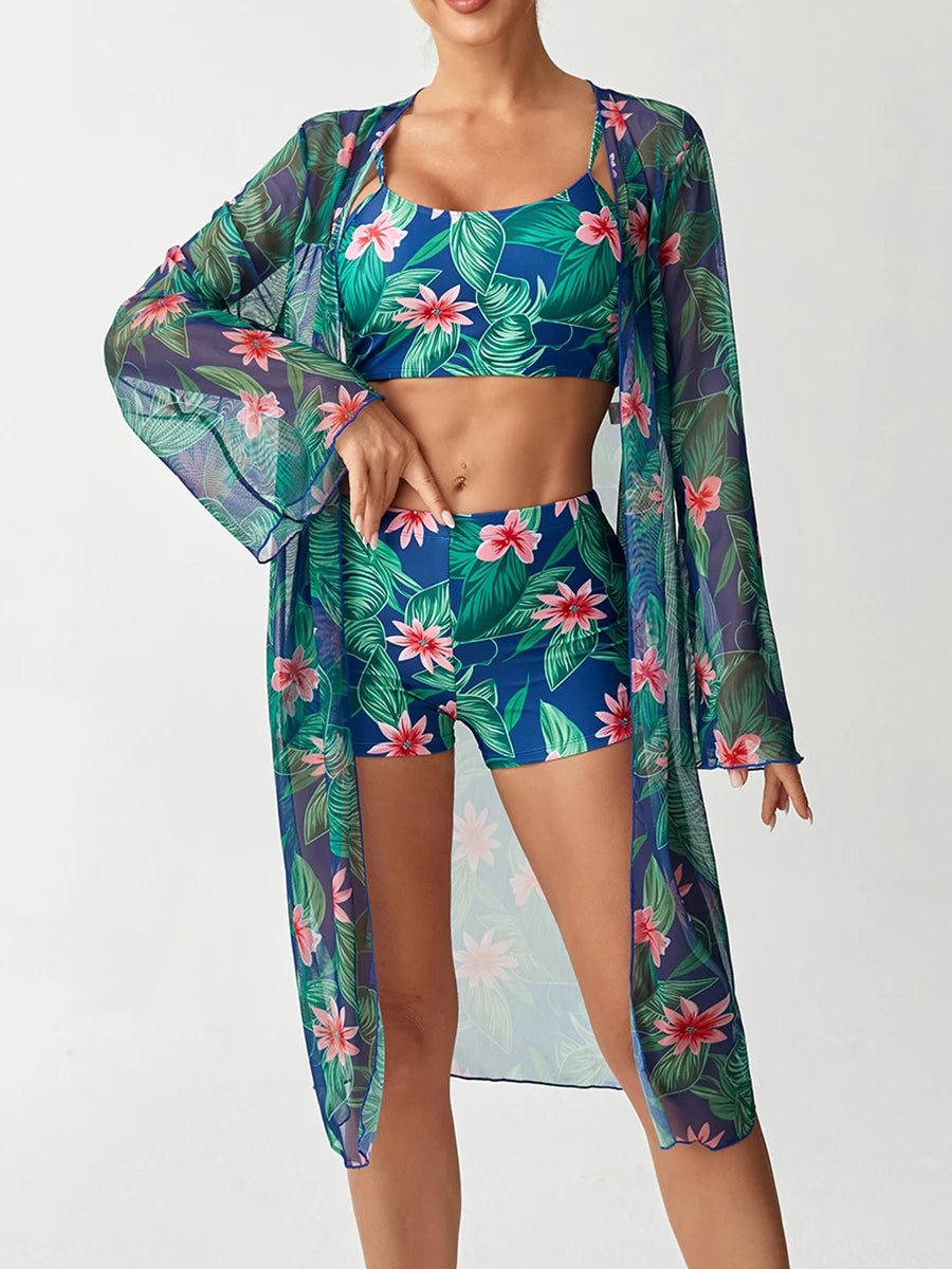 3 Pieces Strappy Bikinis 2026 With Kimono Swimsuit Women Printed High Waist Swimwear Female Bathers Bathing Swimming Swim Suit
