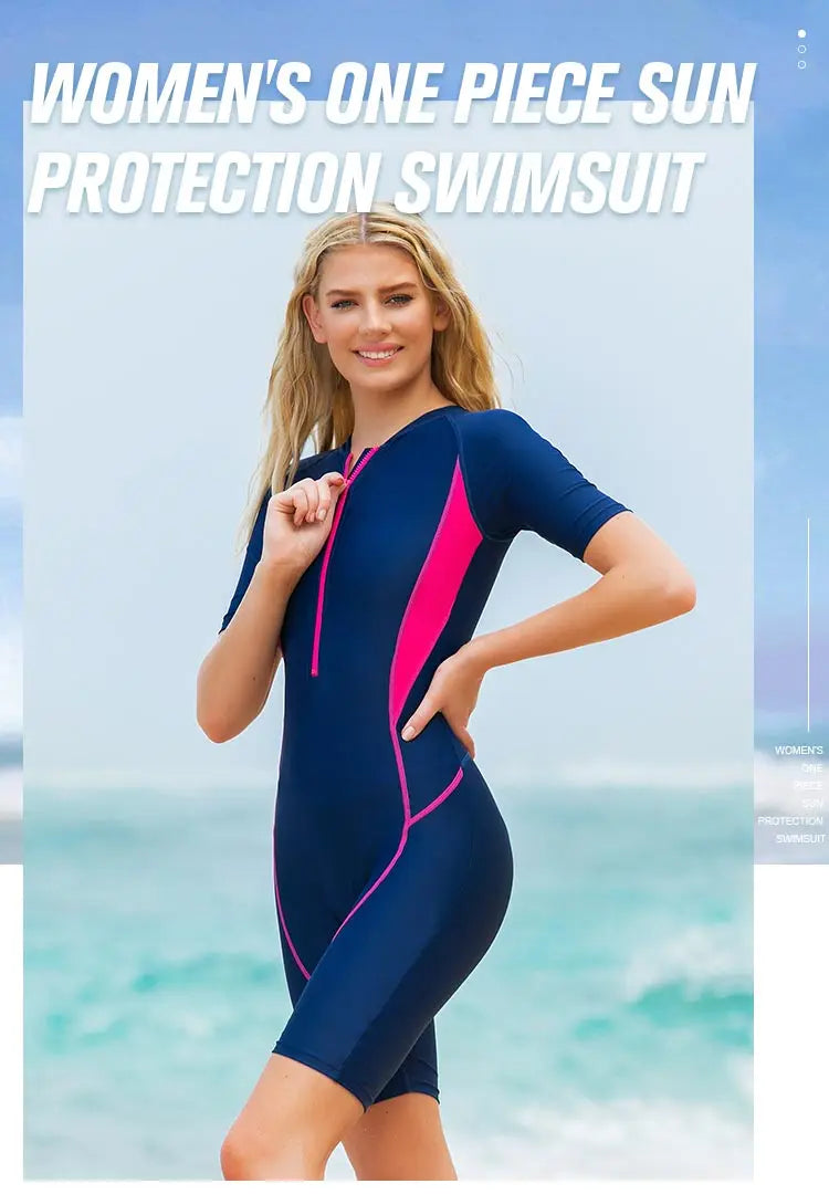 Women Quick Dry Swimming Suit Short Sleeve Short Leg Swim Suits Women Bathing Suits Front Zipper Swimsuit Women Swimwear