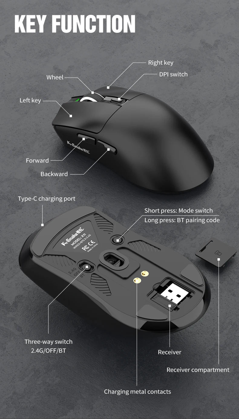 X11 PAW3311 Tri-Mode Bluetooth Mouse 12000 DPI Wireless Mouse Gaming Mouse RGB Touch Magnetic Charging Base BT/2.4G/Wired Mice