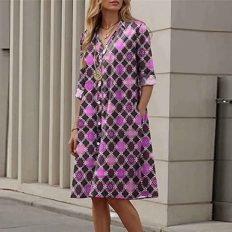 Vintage Printed Shirt Dress Women Casual Loose Straight Midi Dresses Plus Size Women Elegant Coforful Beach Party Dress 2024