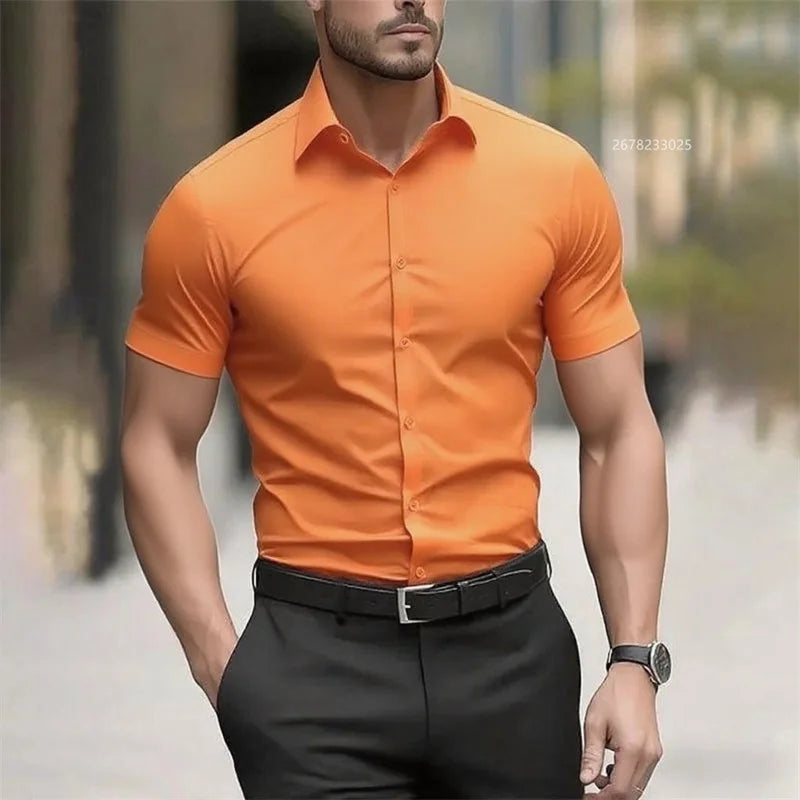 Solid color men's shirt casual shirt, high quality solid color short sleeve stretch fabric, business formal shirt, XS-6XL size