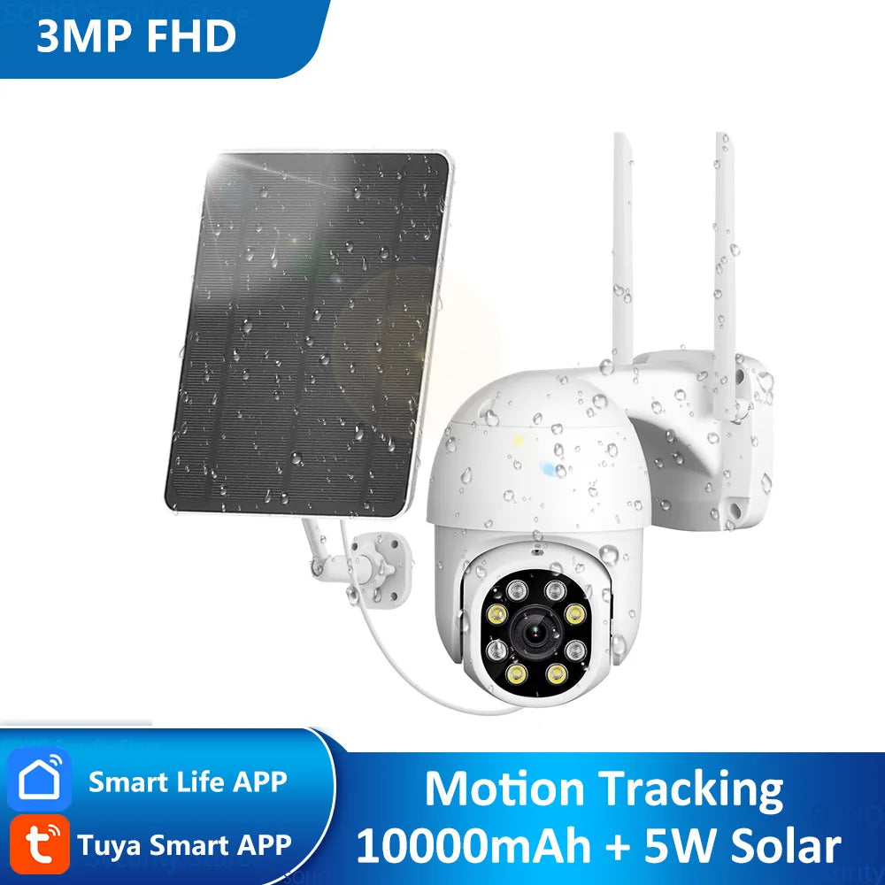 Tuya Smart Life APP 3MP WiFi Battery Solar Motion Tracking Site Patrol PIR Surveillance Security Outdoor PTZ Color Light Camera