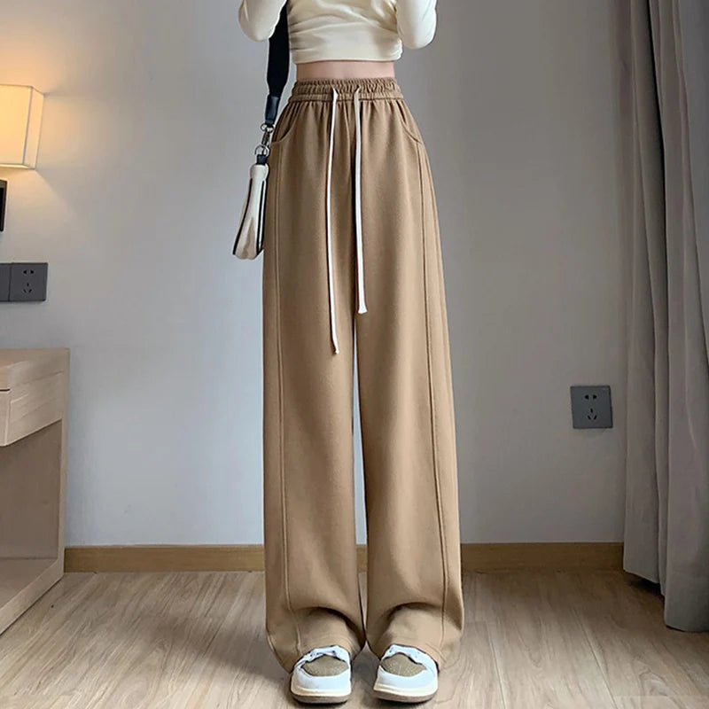 Lady Casual Daily High Waisted Sweatpants Women Drawstring Straight Leg Pants Girls Korean Slim Fit Thin Trousers