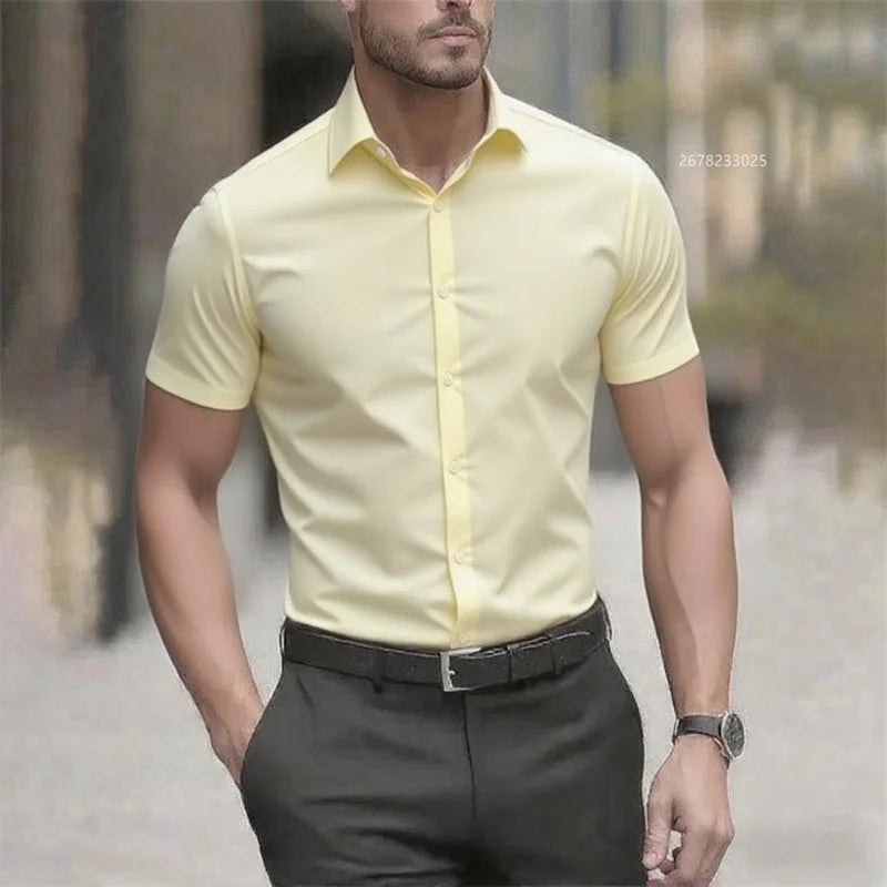 Solid color men's shirt casual shirt, high quality solid color short sleeve stretch fabric, business formal shirt, XS-6XL size