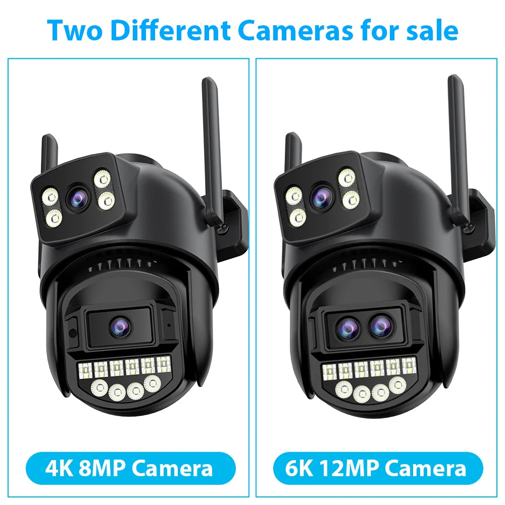 12MP 6K HD WiFi IP Camera Outdoor 8X Zoom Three Lens Dual Screen PTZ Camera Auto Tracking 6MP Security CCTV Surveillance Camera