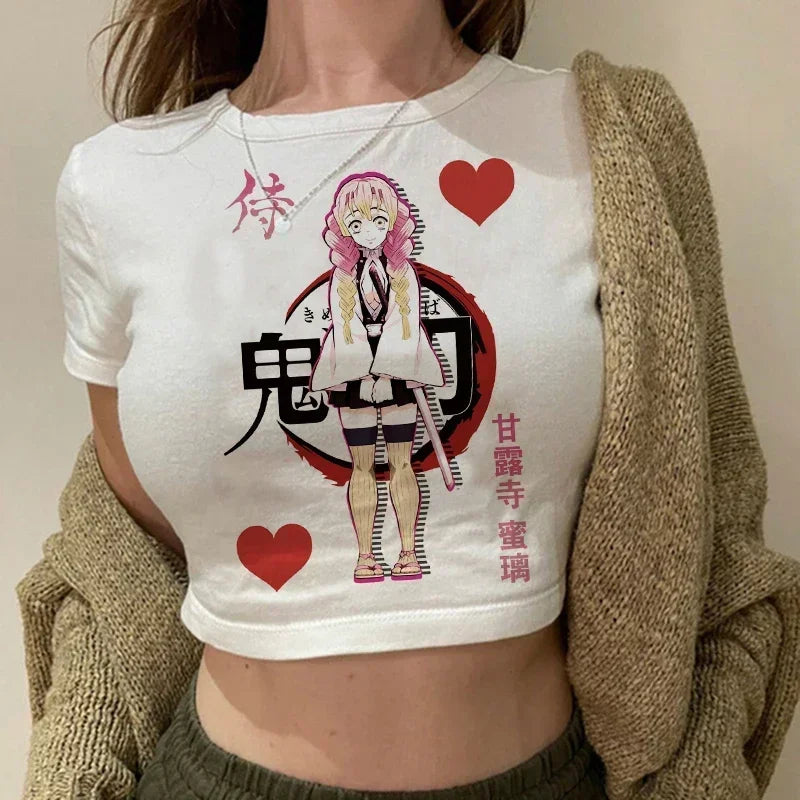 90s Manga Kimetsu No Yaiba Crop Top Demon Slayer T Shirt Women Y2k Nezuko Japanese Anime Tshirt Tanjirou Kamado Cropped Female