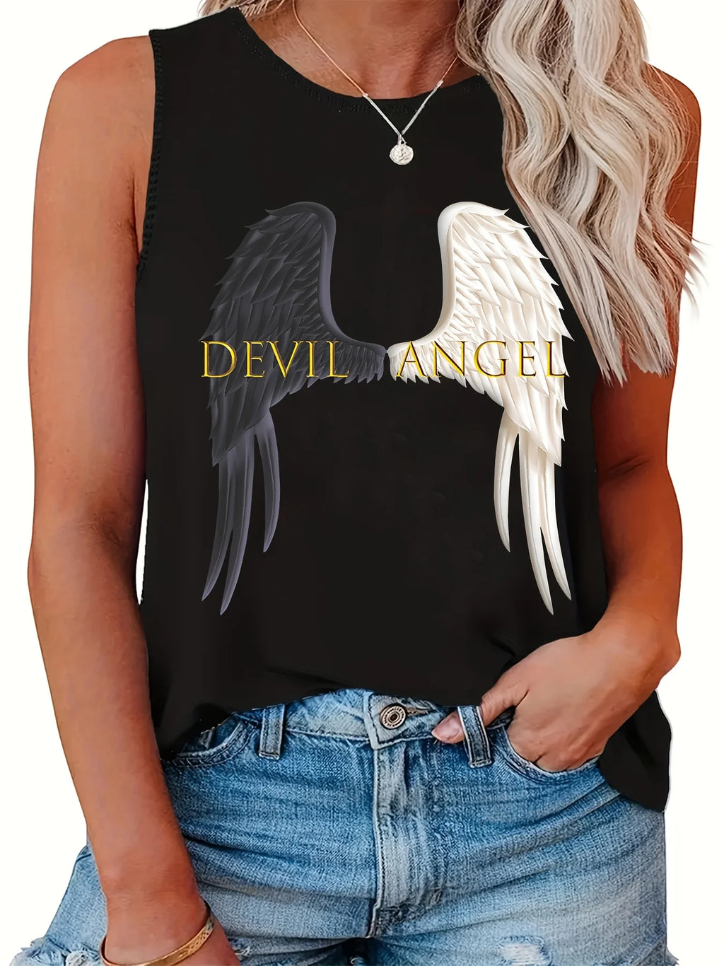 Loose plus size wing pattern printed round neck white vest summer casual sleeveless top women's clothing