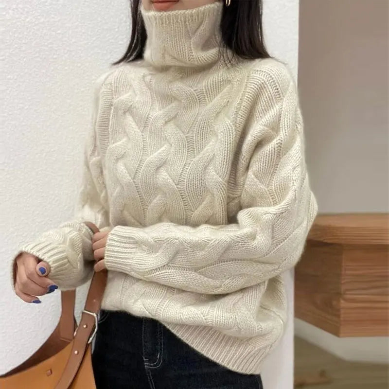 100% pure cashmere sweater women's autumn and winter high-necked loose twisted thick lazy wind bottoming plus size sweater