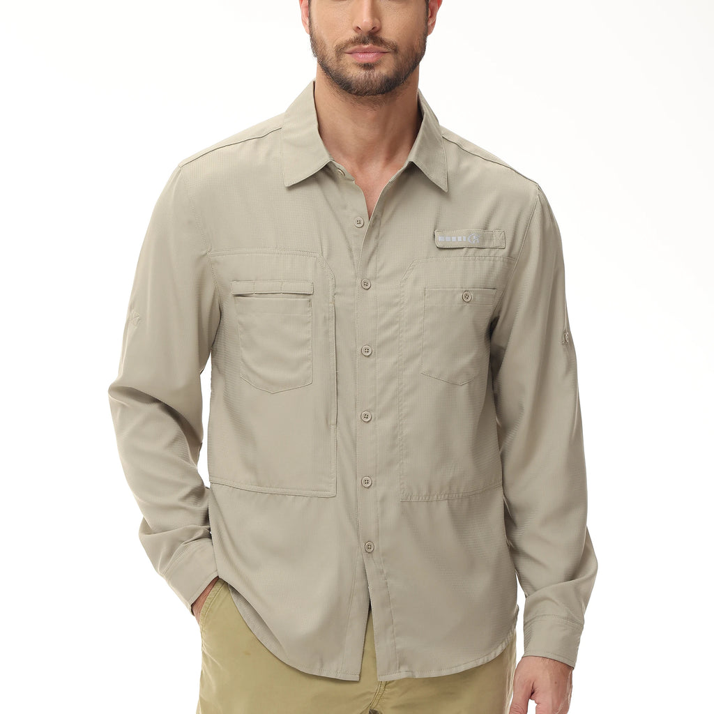 Summer Men's UPF 50+ Casual Long Sleeve Fishing Shirts, Lightweight Tactical Button Down Shirt with Breathable Back Mesh