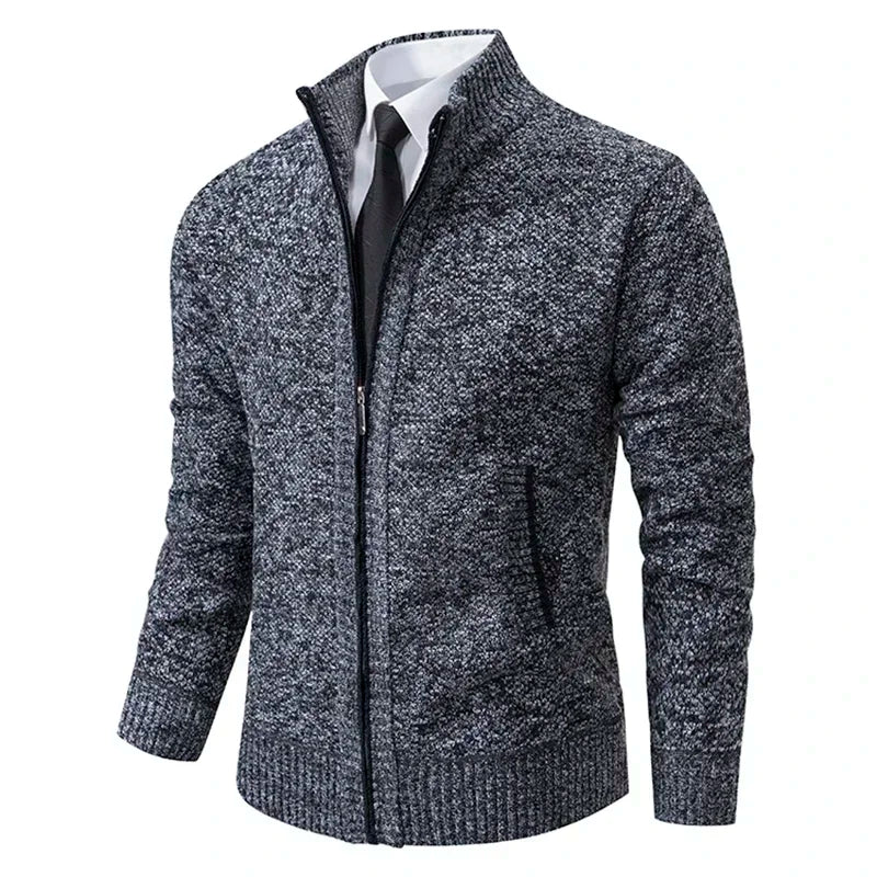 2025 Autumn and Winter New Jersey Men's Casual Sports Coat Solid Color Stand Collar Sweater Grab Fleece Warm Zipper Cardigan