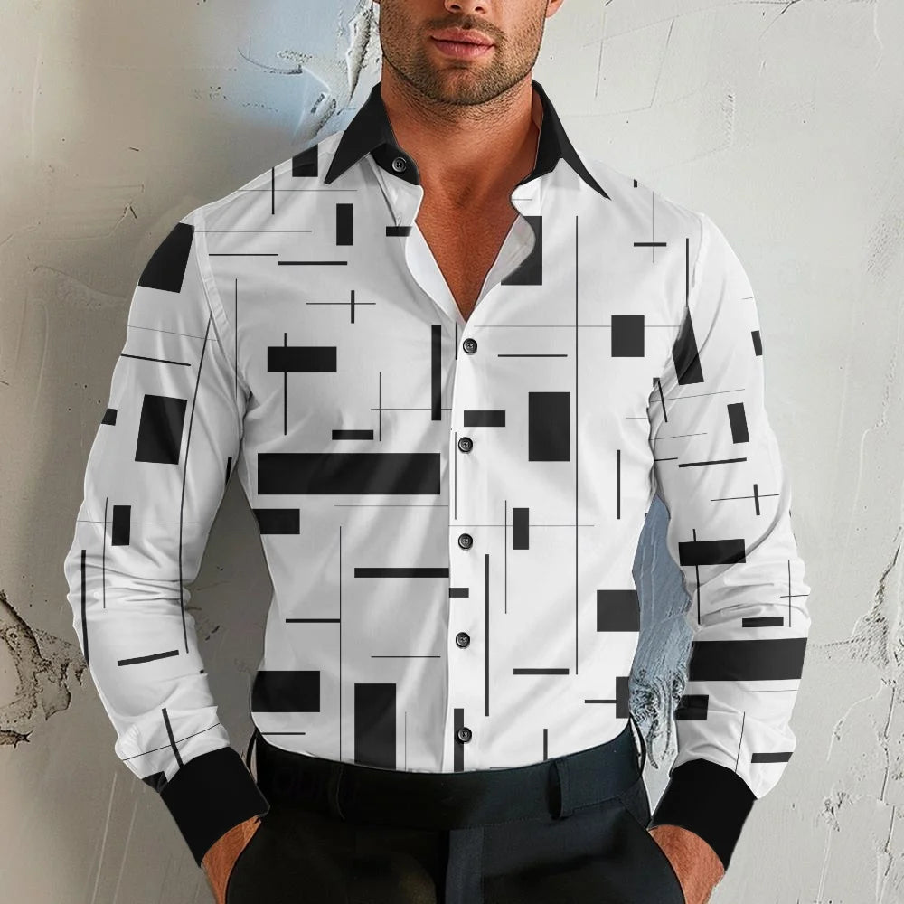 New Men's Long Sleeve Shirt Wave Button Casual Street Fashion Summer 3D Striped Print Long Sleeve Shirt