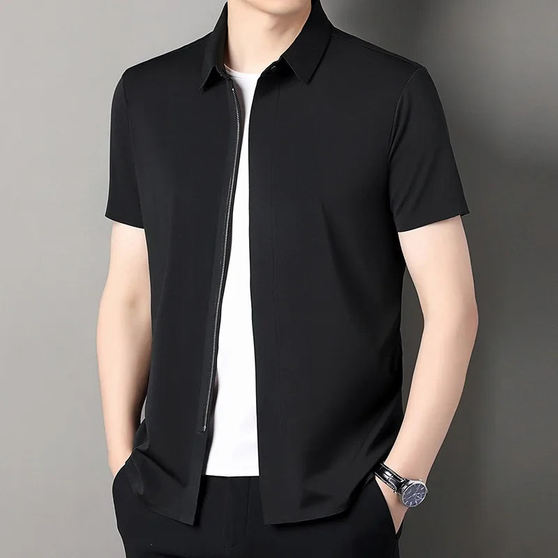 Quality Zipper Dress Shirts for Men Short Sleeve Business Non-iron Wrinkle Resistance Elastic Top New Western-style Formal Shirt