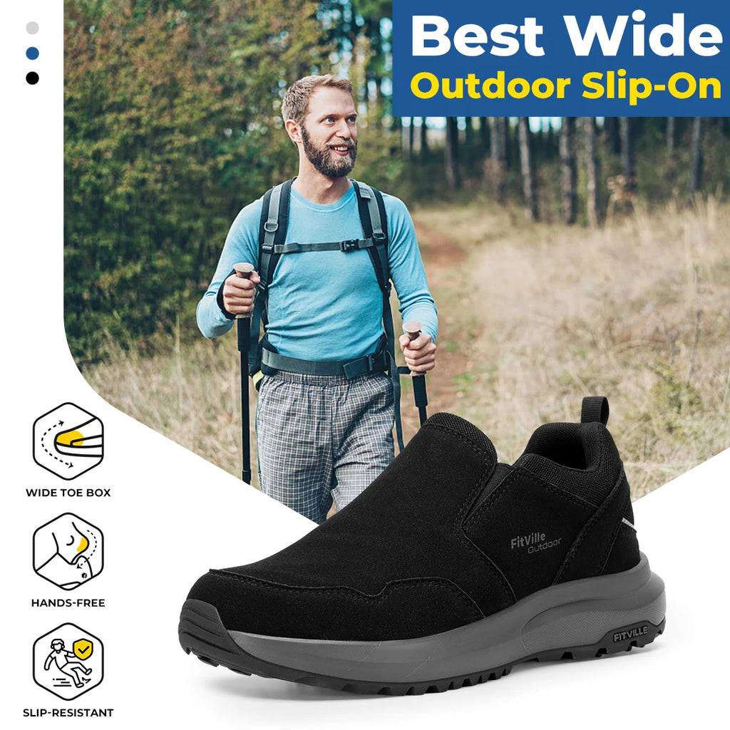 FitVille Men's Shoes Wide Hiking Comfortable  Slip on Loafers Go Walking and Trekking Trails  Sneakers with Arch Support