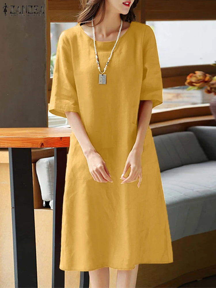 2025 Spring Summer Dress ZANZEA Women O Neck Half Sleeve Sundress Solid Cotton Dresses Robe Femme Casual Loose Holiday Vestidos