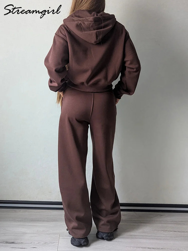 Winter Fleece Pants Set Women Brown Tracksuit Two Pieces Long Sweatpants Zipper Sweatshirts 2 Piece Gray Sweatsuit For Women Set