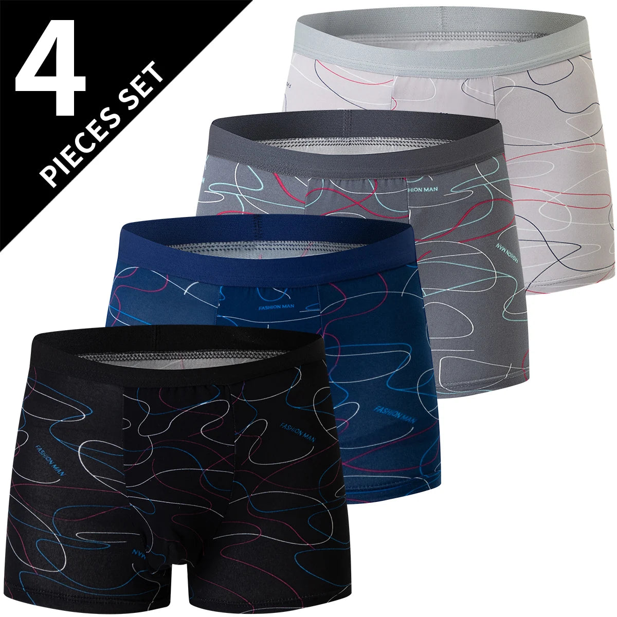 4-piece Set Of Men's English Letter Printed Underwear Breathable Fashionable Comfortable Plus Size Teenage Boxer Shorts Trendy