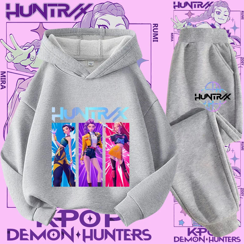K-pop Demon Hunter New Children's Hoodie Set - Cute Girls' Casual Top for Kids,Boys' Sports Shirt with Cartoon Print-2-Piece Set