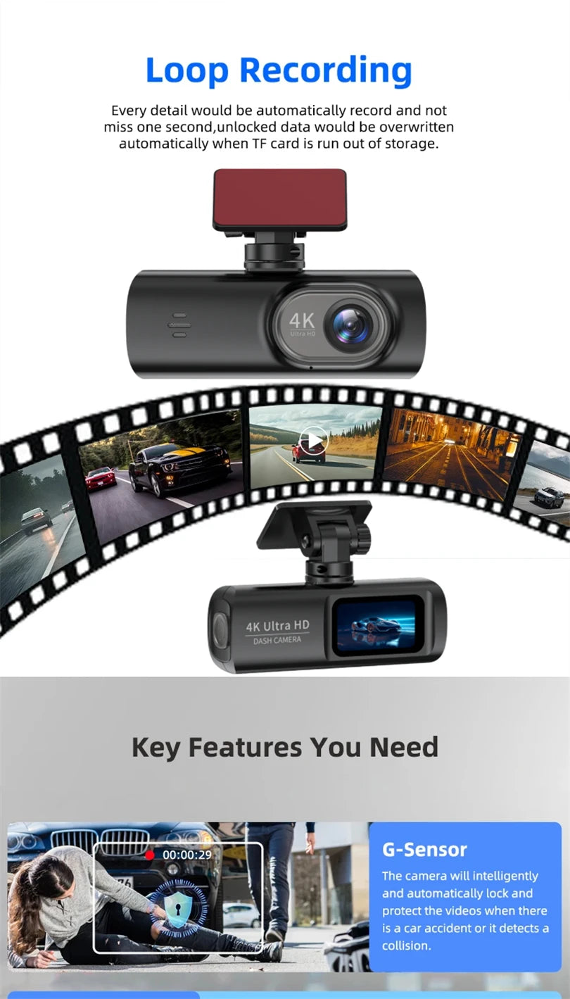 E-ACE Dash Cam 4K Car Video Recorder 170 ° Super Large Angle WIFI GPS 24H Parking Monitoring Car DVR 1080P Rear Camera Black Box