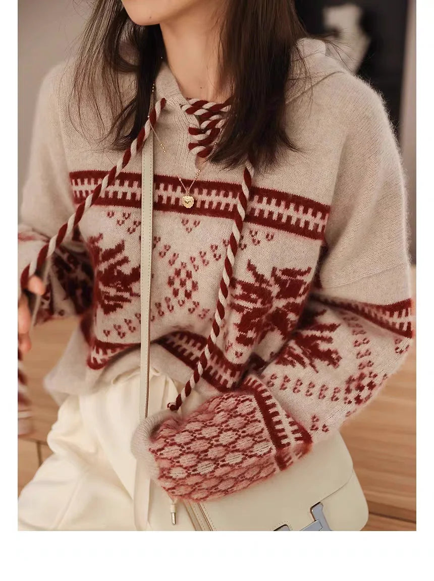 100% pure wool cashmere sweater women's 2024 autumn and winter new hooded collar pullover fashionable loose knit plus size top