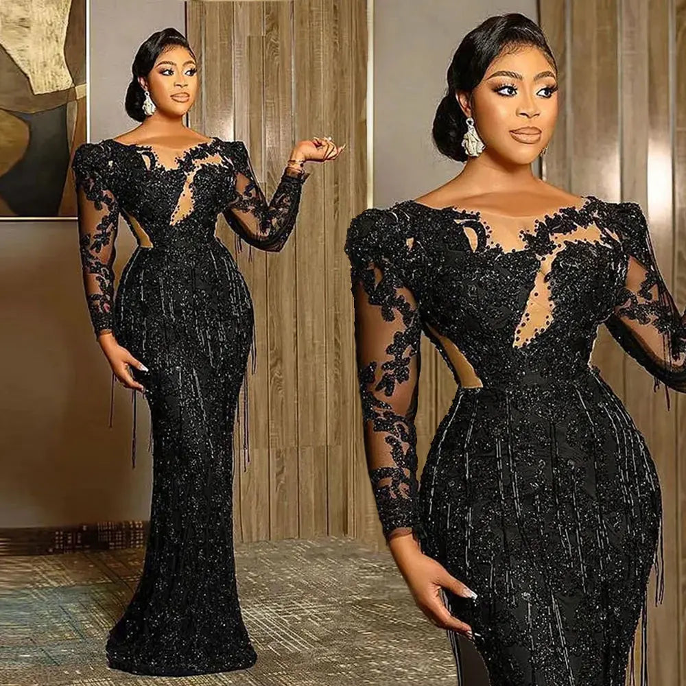 Customized Mermaid Sexy Black Evening Dresses Jewel Neck Lace Appliques Crystal Beaded Party Dress Long Sleeves Prom Gowns