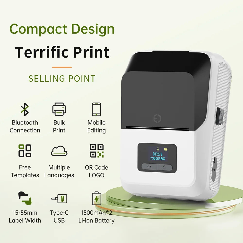 DETONGER DP27S 2inch Mini Thermal Printer No Ink Wireless Connect Compatible iOS Android for Home&Office Cable Sticker Printer
