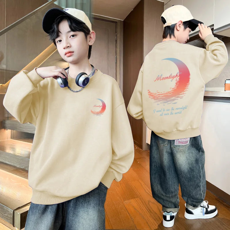 3-14 Years Boys Girls Sweatshirt Pullover Autumn Moon Graffiti Printed Long Sleeves T-Shirt Tops Korean Casual Kids Clothes 2025