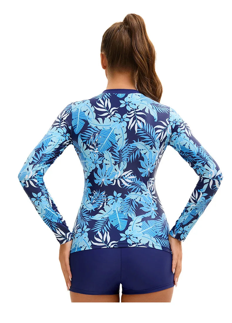Trendy Swimwear Leaf Printed Women Three Piece Rash Guard Long Sleeve Swimsuits  Swim Shirt Bathing Suit with Boyshort Bottom