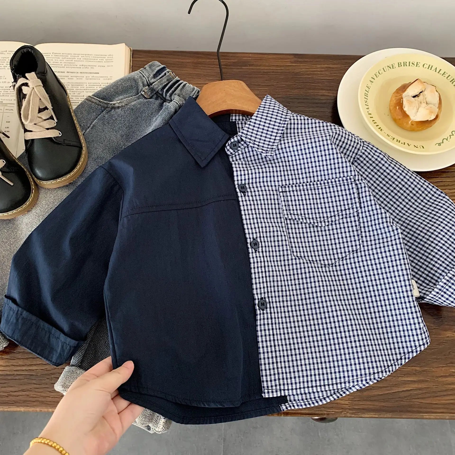 2025 Autumn Winter Cotton Boys Shirt Children Kid Long Sleeve SweatShirt Baby Turn-down Collar Patchwork 3-10 Years Toddler