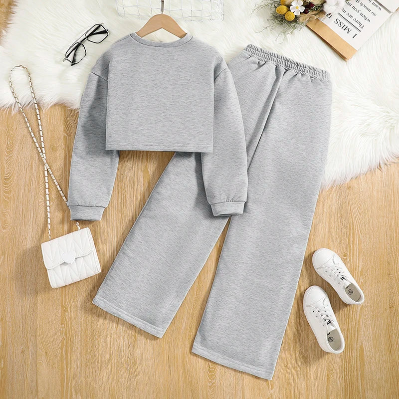 Spring Autumn Kids High Quality Clothes Sets For Girls Solid Color Cropped Top And trousers Brief Causal Style Loose Comfortable