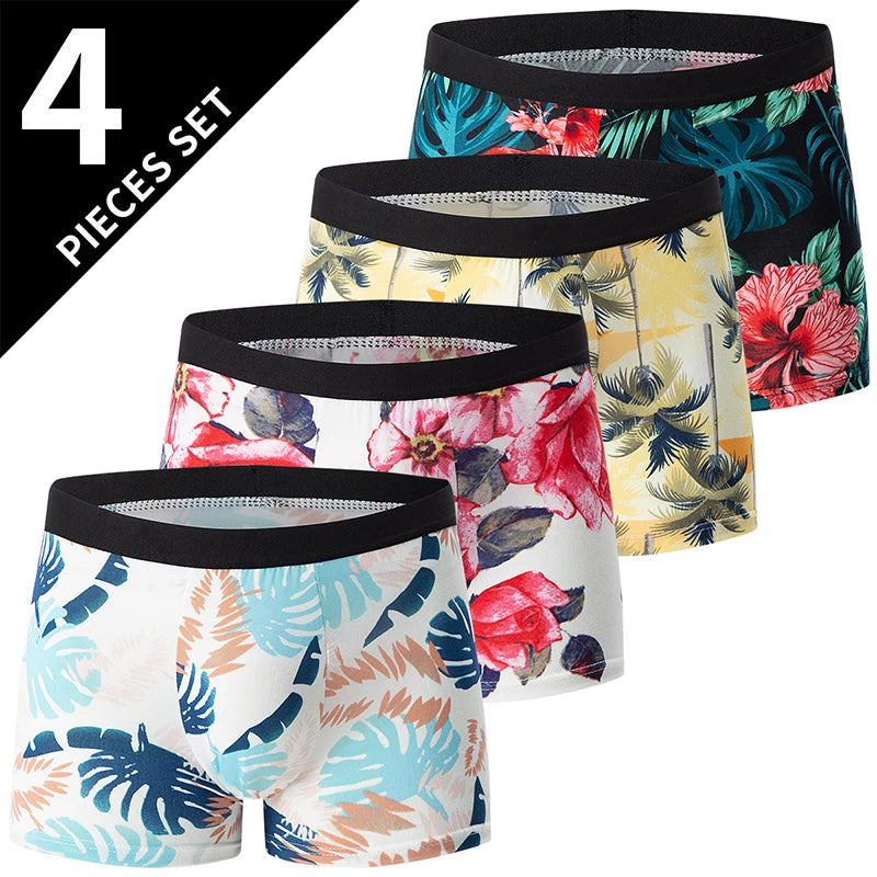 4-piece Set Of Men's English Letter Printed Underwear Breathable Fashionable Comfortable Plus Size Teenage Boxer Shorts Trendy