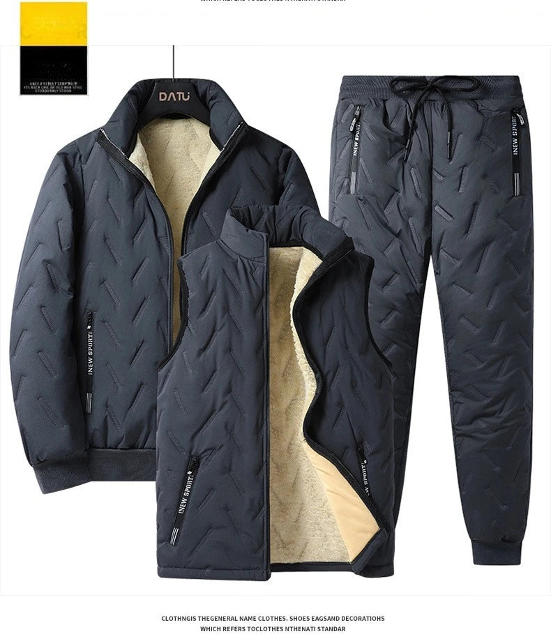Men's Winter 1-3Pc Tracksuit Set Warm Thickened Jacket Pants Vest Matching 3pcs Fashion Casual Loose Fleece-Lined Outfit For Man