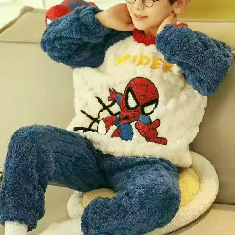 Winter Marvel Children Clothing Boys Sleepwear Set Flannel Thick Long Sleeve Warm Set Pajamas Two Pieces Kids Clothes Spiderman