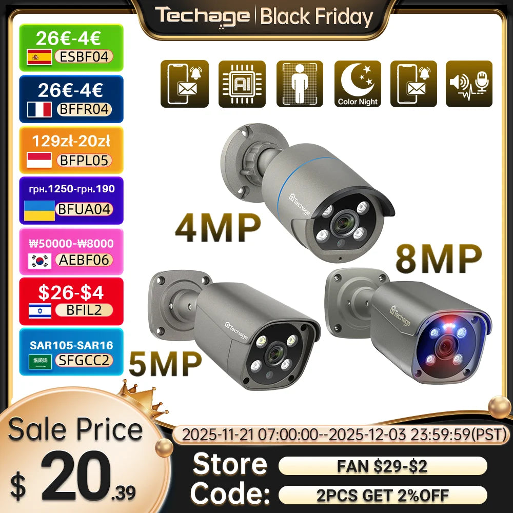 Techage 4MP 5MP 4K Security Metal POE IP Camera H.265 Outdoor Two Way Audio Video Surveillance AI IP Camera for NVR System