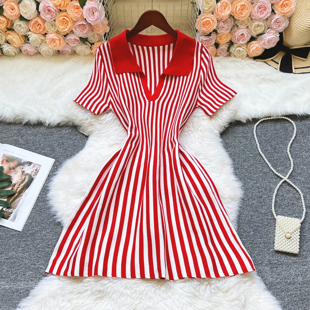 YuooMuoo 2025 New Summer Vintage Vertical Stripes Knitted Summer Dress Women Turn-down Collar Slim Waist A-line Short Dress