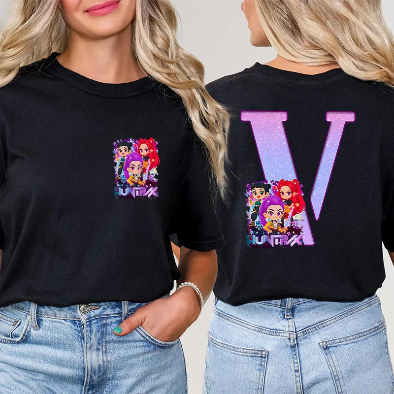 Fashion A-Z 26 Letter T-Shirts Kpop Demon Hunters Graphic Aesthetic Clothing Women T-Shirt Harajuku Female Clothing Y2k Tops
